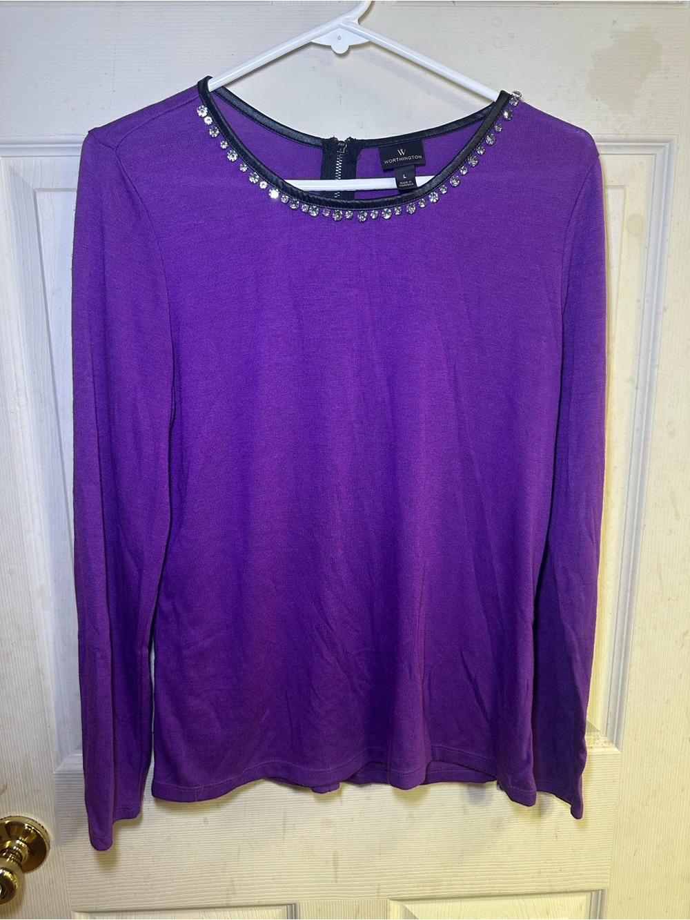 Worthington Purple Long-Sleeve Crewneck Top with Jeweled Trim